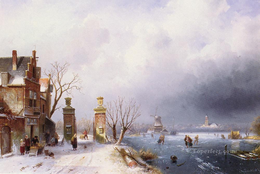 ベルギー 1818 ～ 1907A 太陽に照らされた冬のランスカの風景 チャールズ ライカート ストリーム油絵